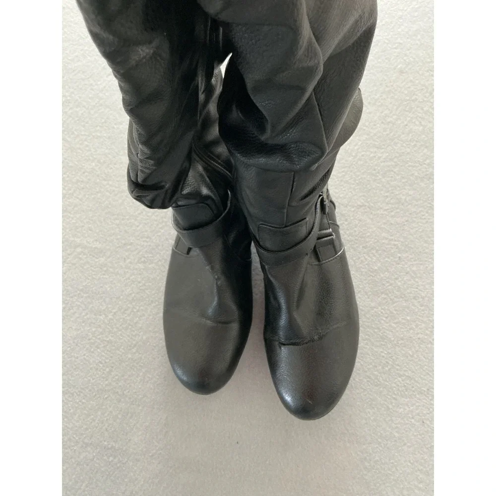 Route 66 Carey Slouch Tall Boots Size 10 Black Faux Leather Buckle Moto Flat